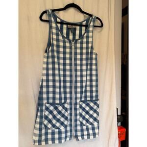 Vintage Express Blue Gingham Zip Front Dress XS 90s Sleeveless Pockets Hong Kong